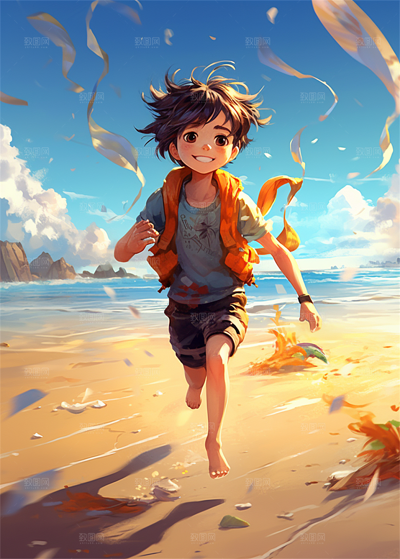 少年潇洒游泳冲浪嬉戏玩水明亮色彩油画