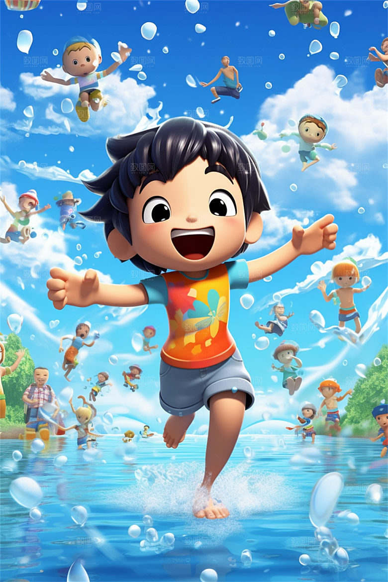 少年游泳冲浪嬉戏玩水明亮色彩插画
