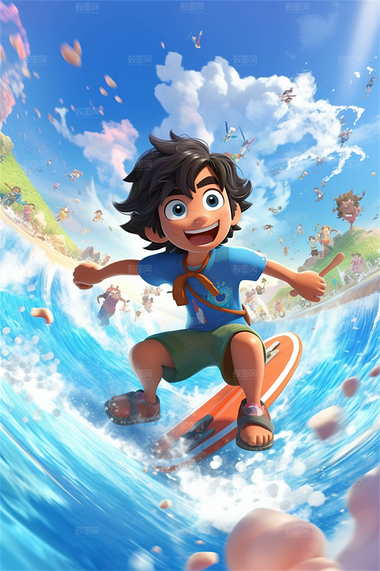 少年游泳冲浪嬉戏滑板玩水明亮色彩插画