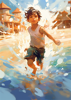 少年潇洒游泳冲浪嬉戏玩水明亮色彩油画