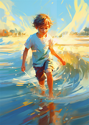 少年潇洒游泳冲浪嬉戏玩水明亮色彩油画
