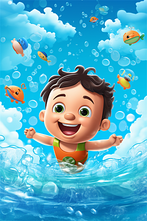 少年游泳冲浪嬉戏玩水明亮色彩插画