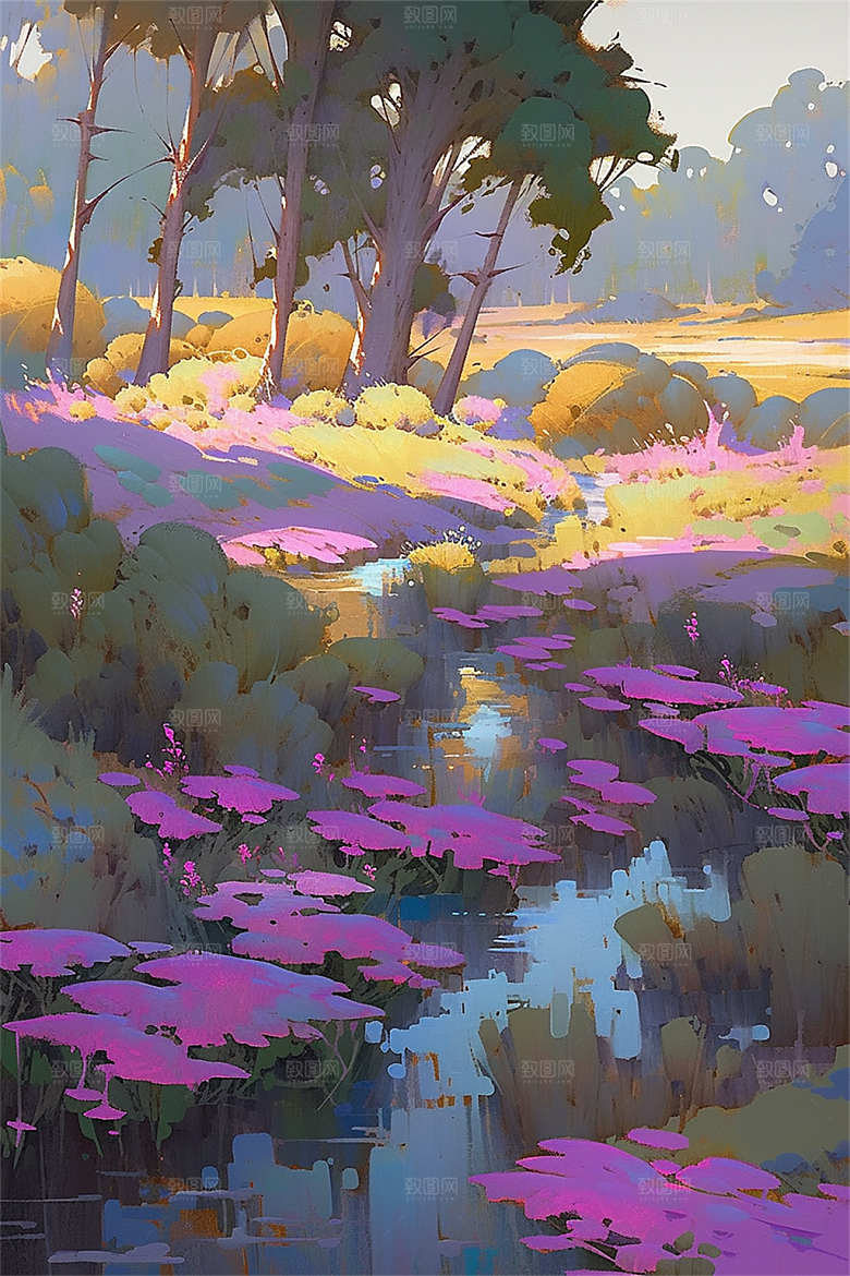 湿地保护主题动物植物流水树木生机盎然插画