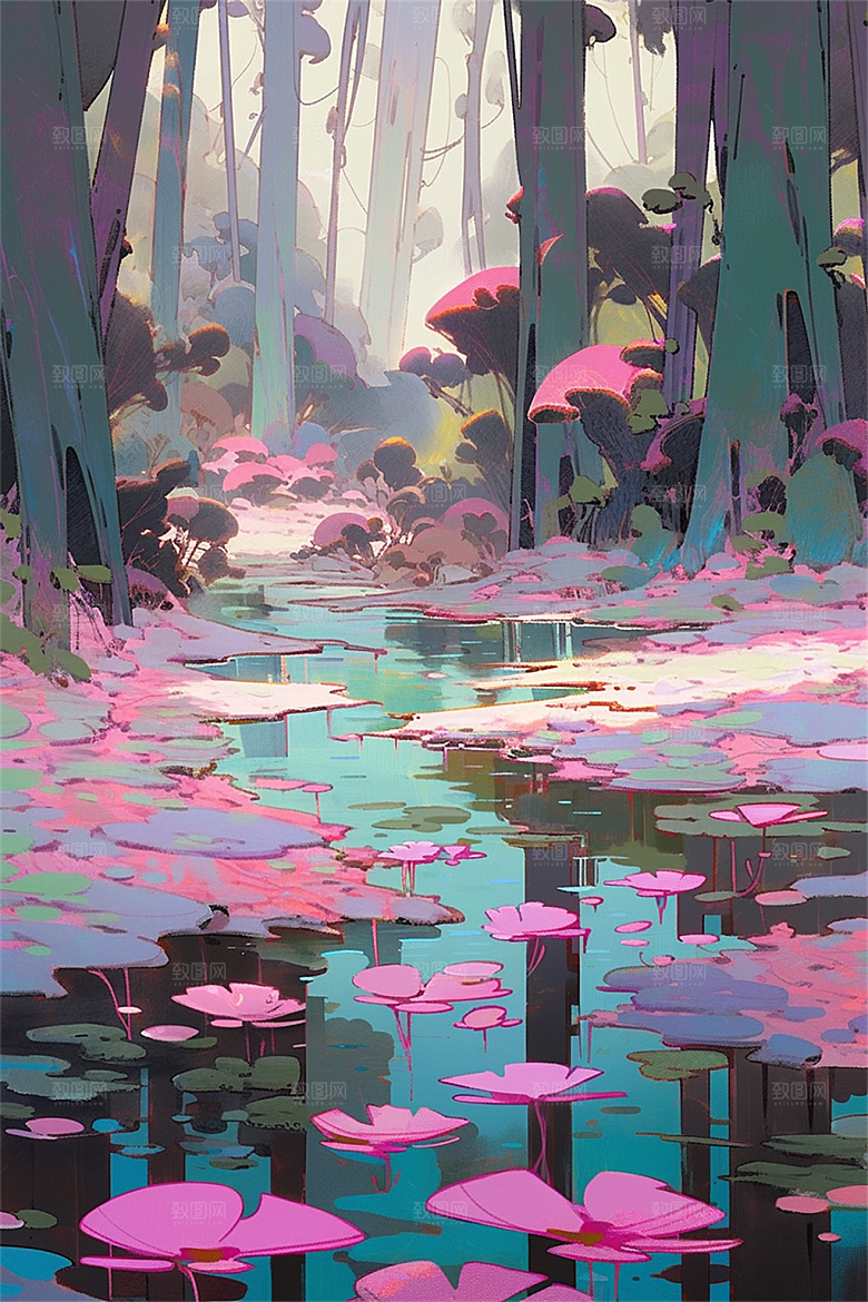 湿地保护主题动物植物流水树木生机盎然插画