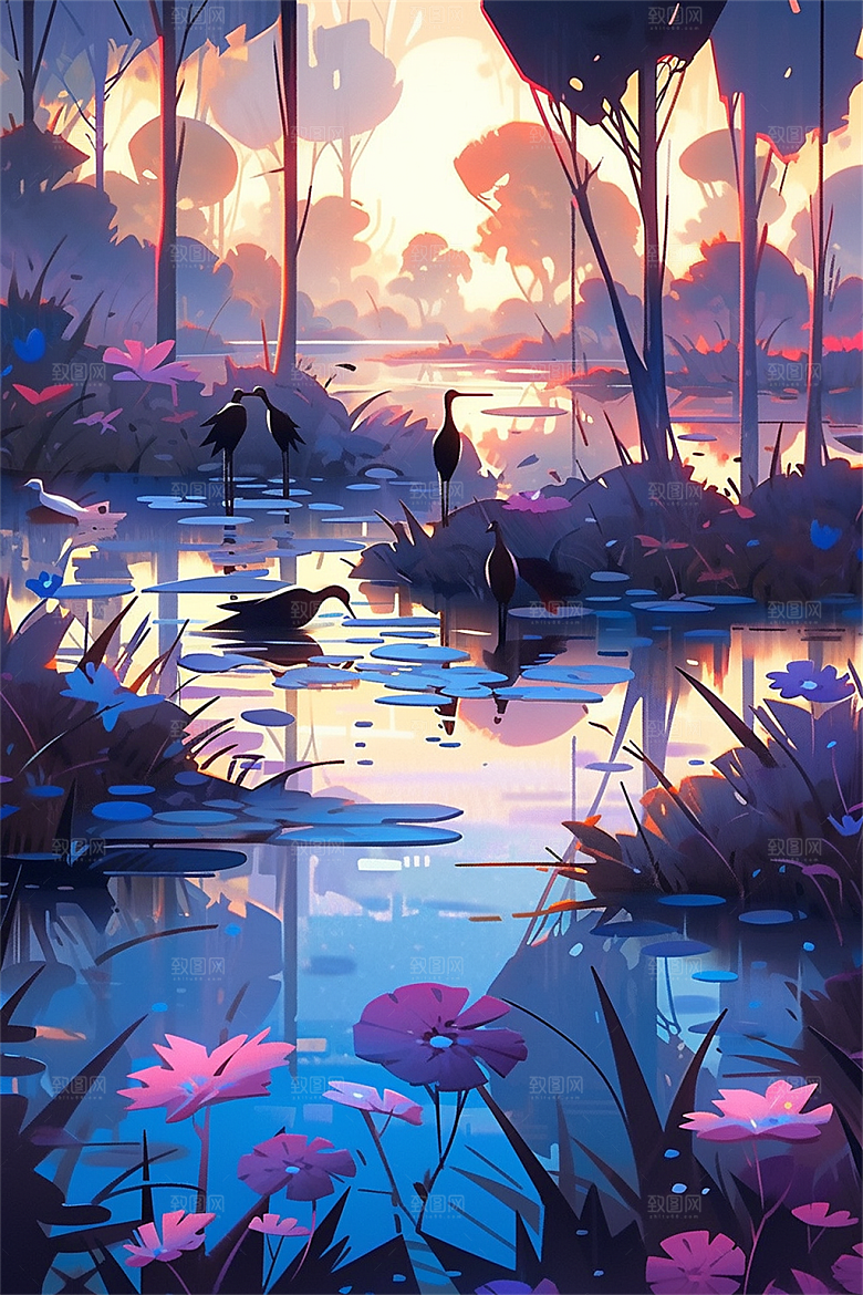 湿地保护主题动物植物流水树木生机盎然插画