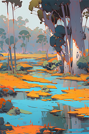 湿地保护主题动物植物流水树木生机盎然插画