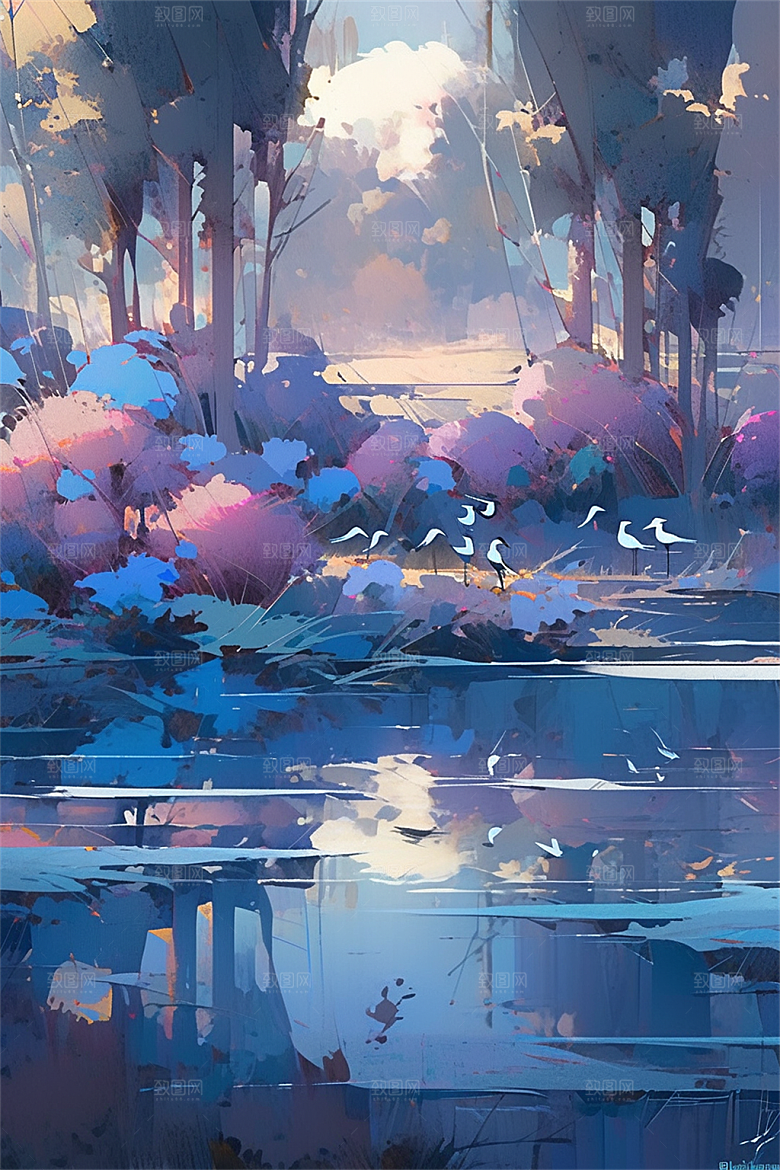 湿地保护主题动物植物流水树木生机盎然插画