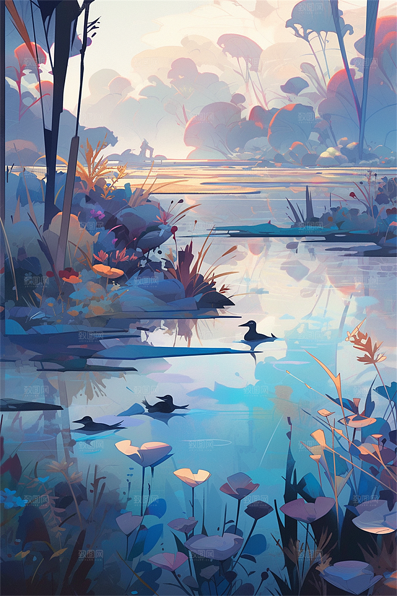 湿地保护主题动物植物流水树木生机盎然插画