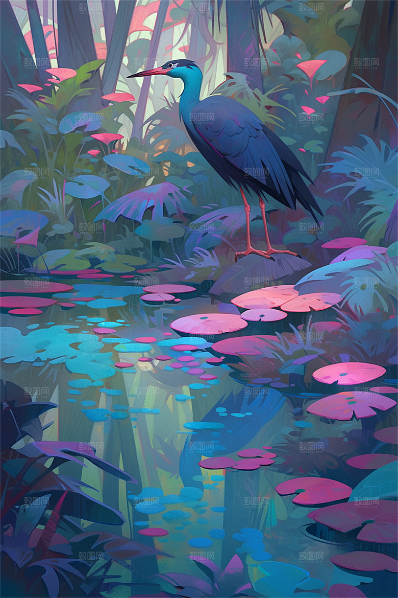 湿地保护主题动物植物流水树木生机盎然插画