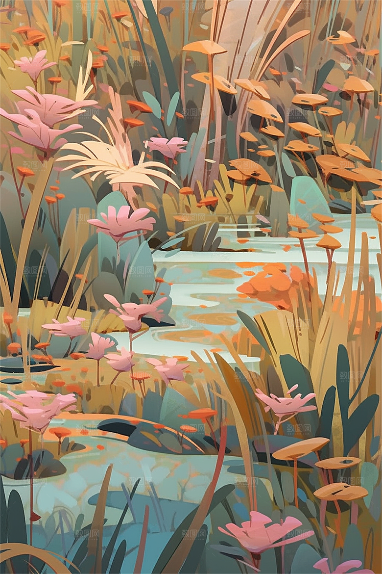 湿地保护主题动物植物流水树木生机盎然插画