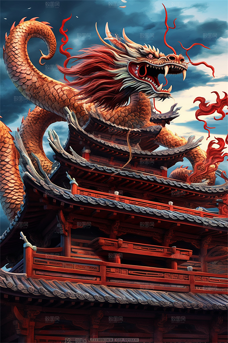 飞龙在天盘旋在中国式古建筑之上场景