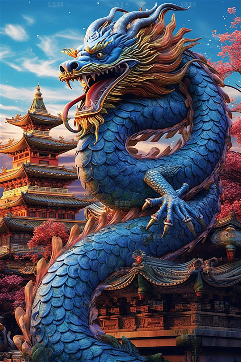 飞龙在天盘旋在中国式古建筑之上场景