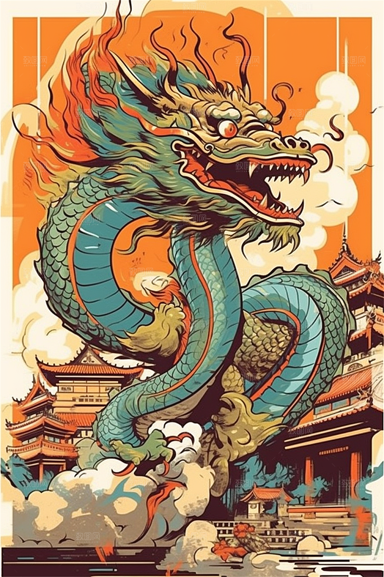 飞龙在天盘旋在中国式古建筑之上场景