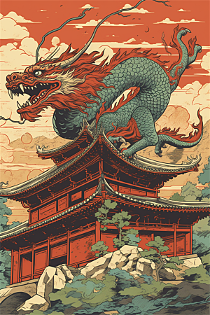飞龙在天盘旋在中国式古建筑之上场景