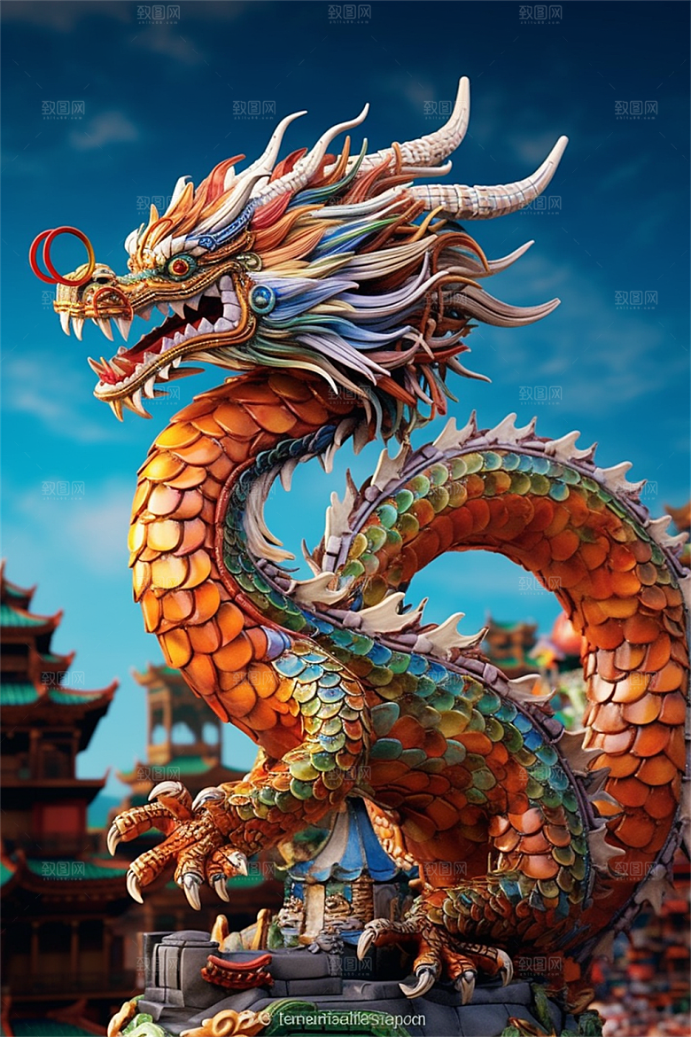 飞龙在天盘旋在中国式古建筑之上场景