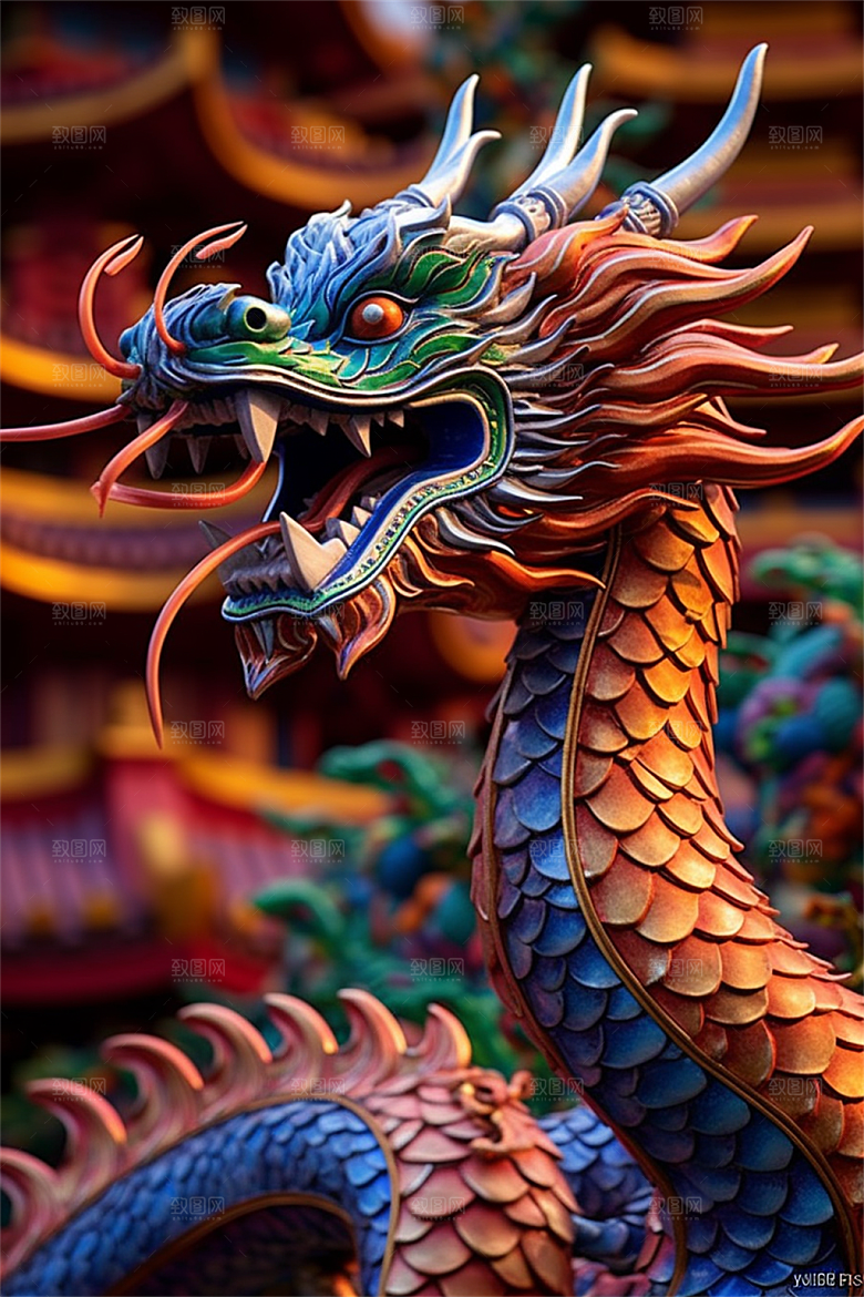 飞龙在天盘旋在中国式古建筑之上场景