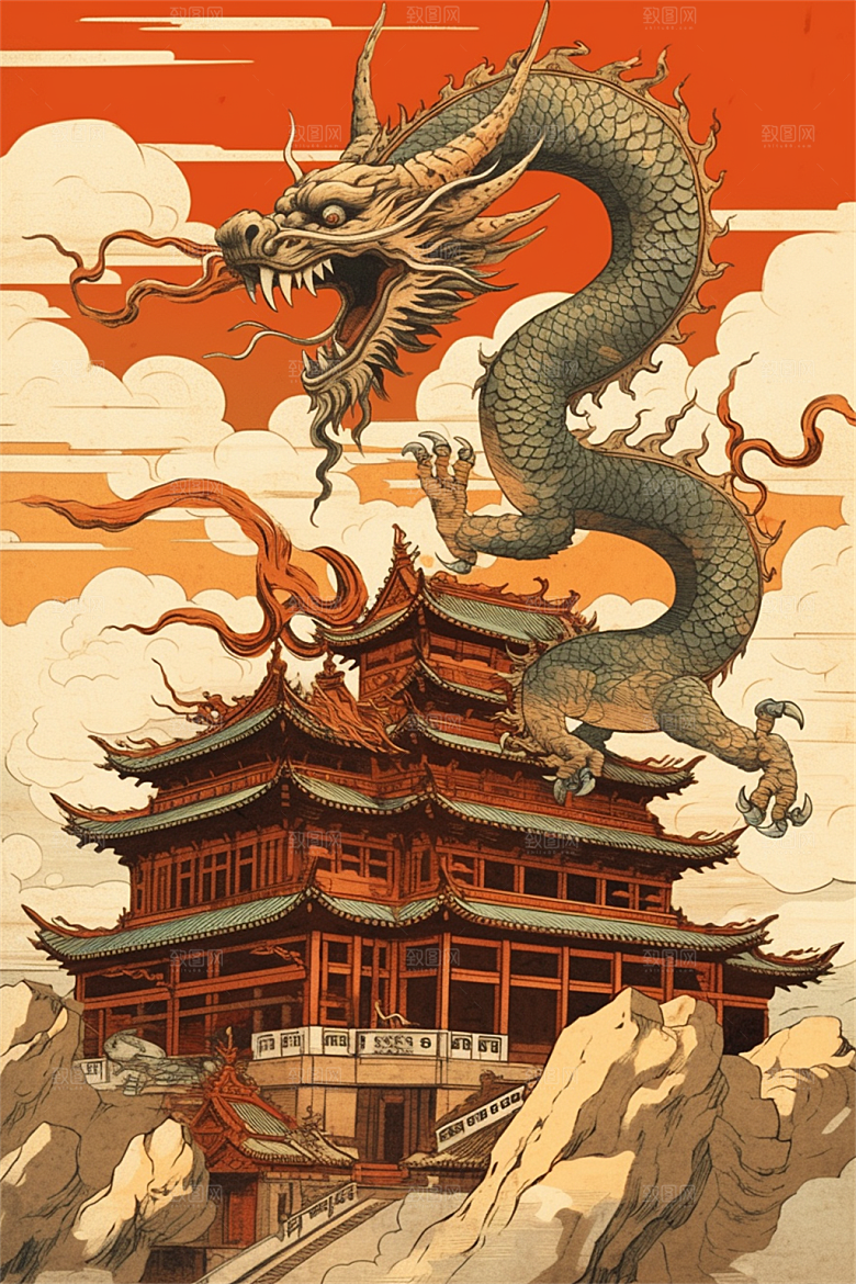 飞龙在天盘旋在中国式古建筑之上场景