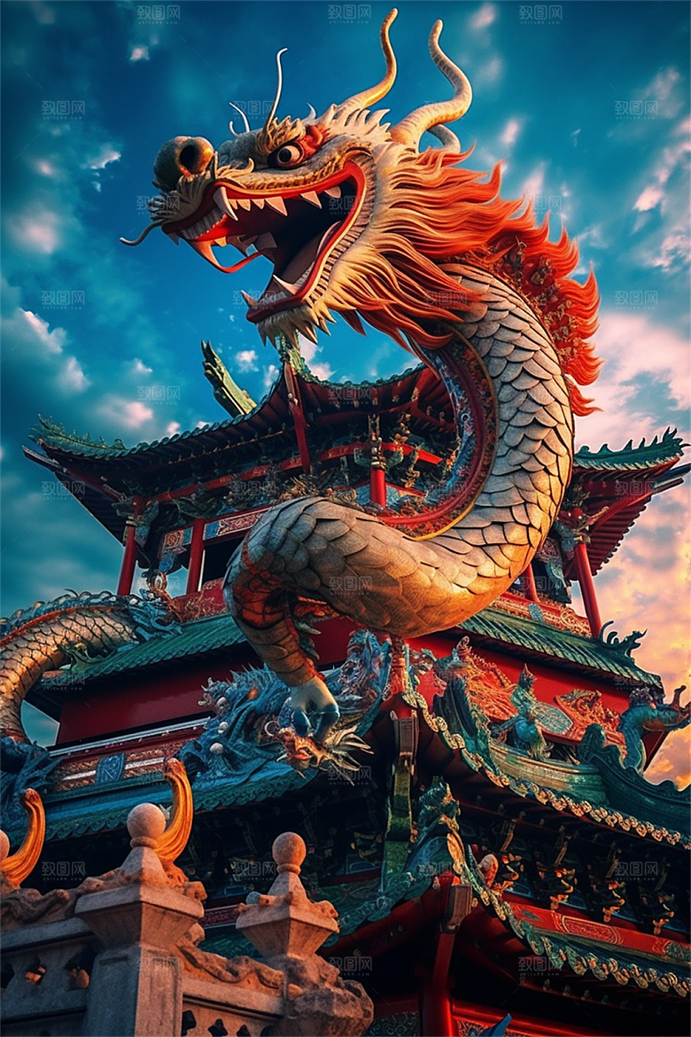 飞龙在天盘旋在中国式古建筑之上场景