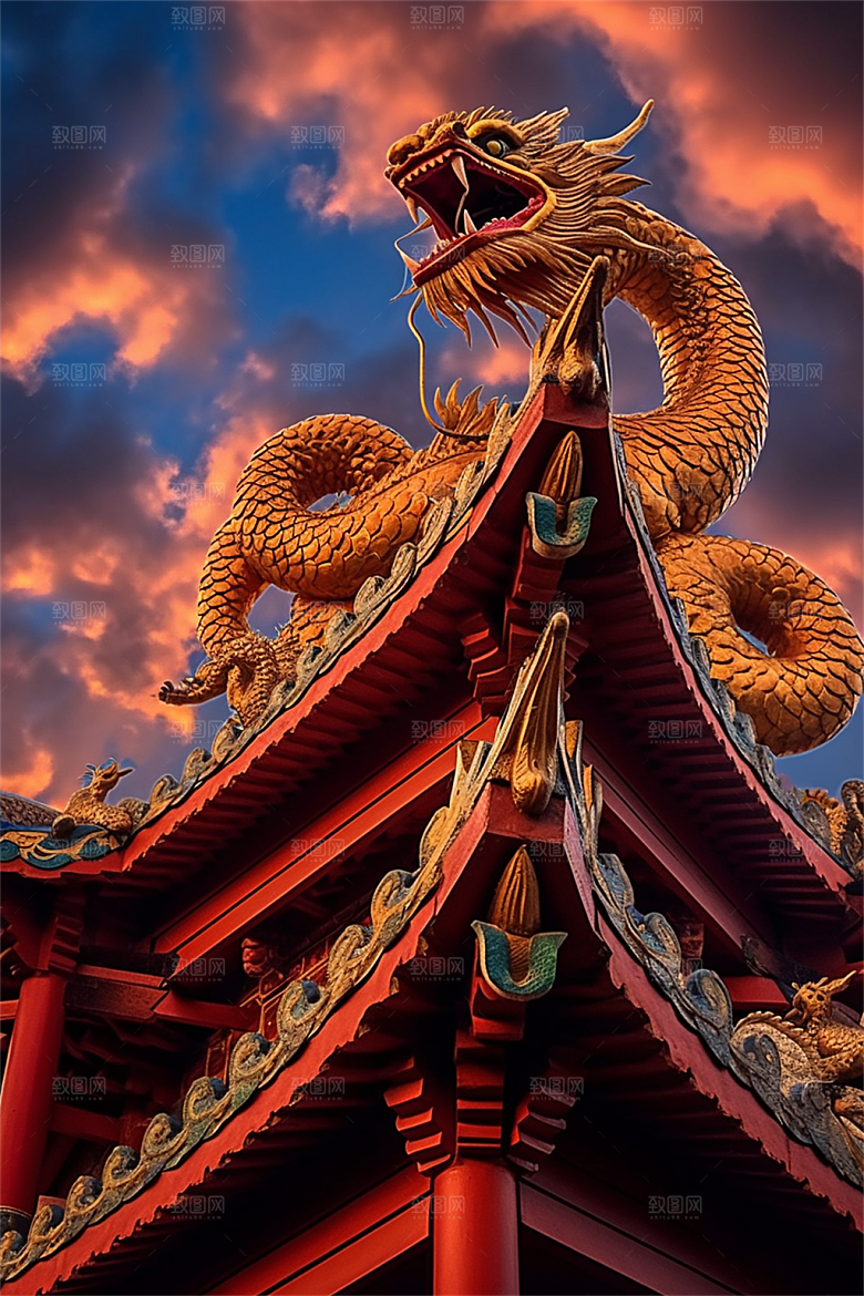 飞龙在天盘旋在中国式古建筑之上场景