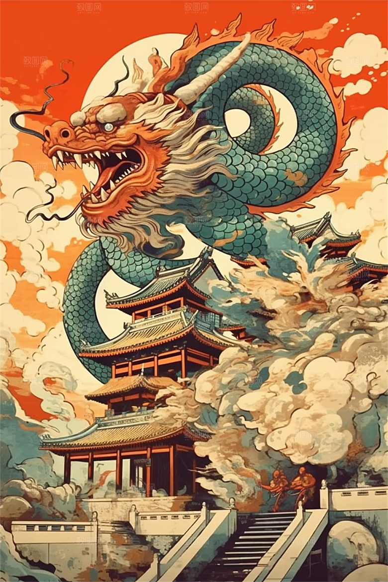 飞龙在天盘旋在中国式古建筑之上场景