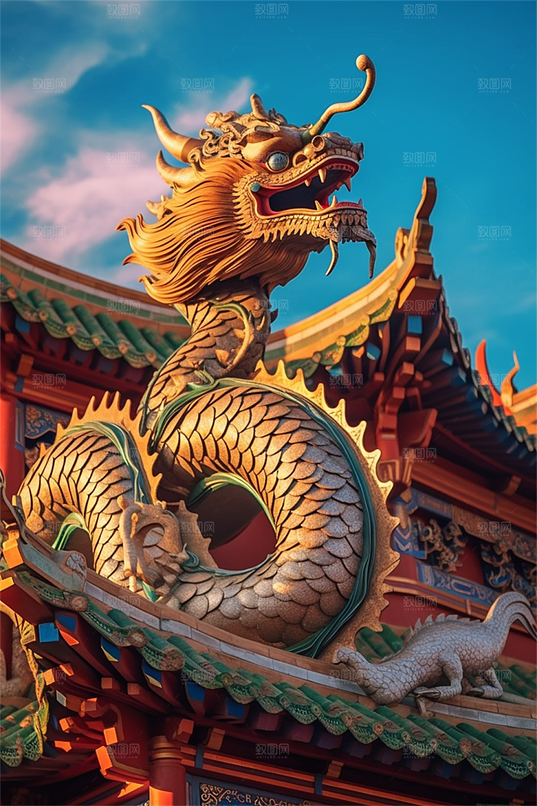 飞龙在天盘旋在中国式古建筑之上场景
