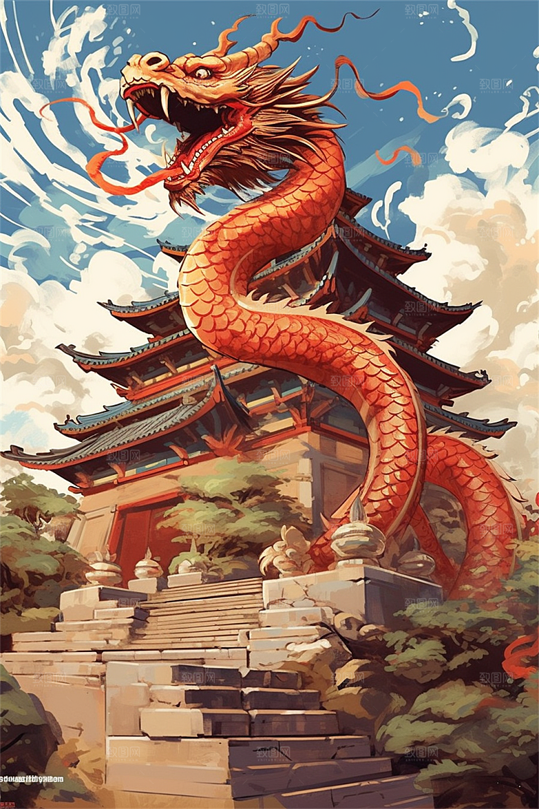 飞龙在天盘旋在中国式古建筑之上场景