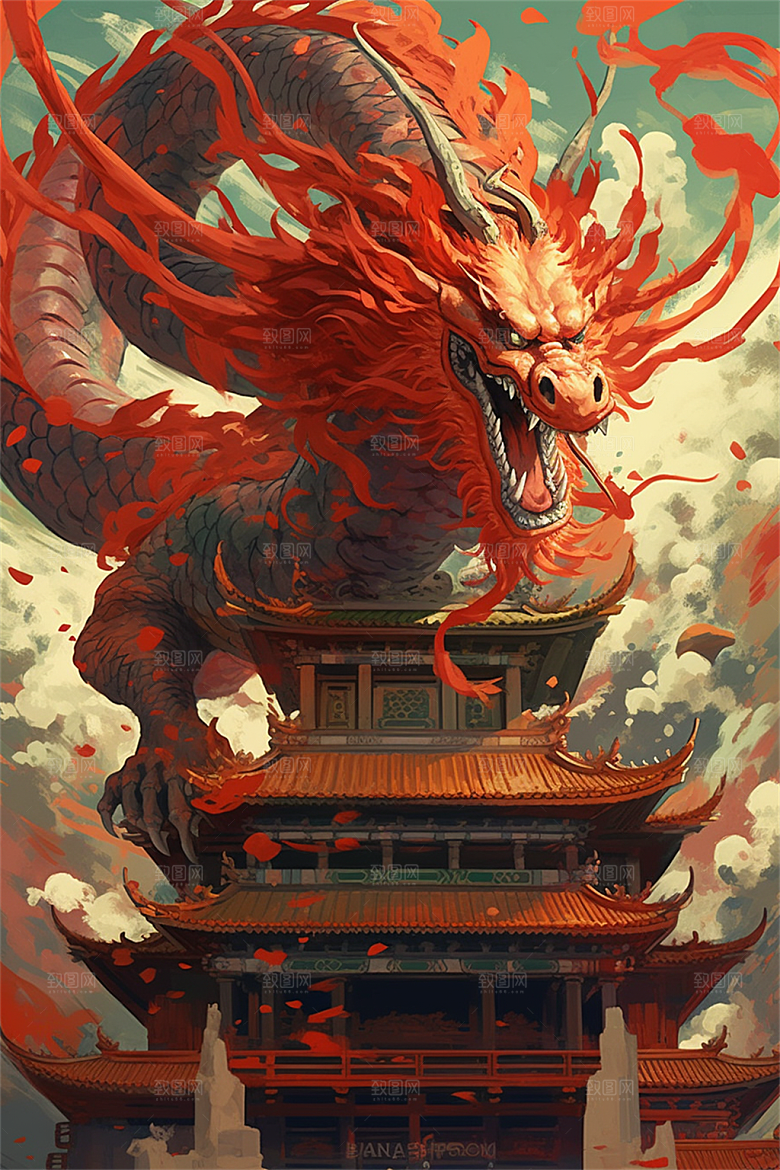 飞龙在天盘旋在中国式古建筑之上场景