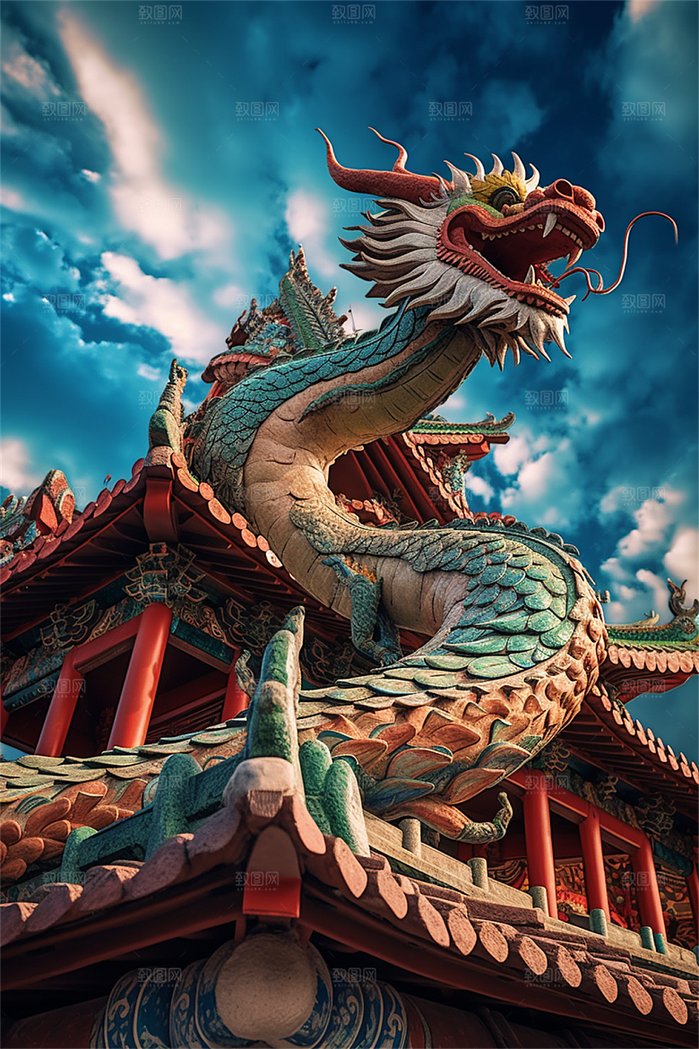 飞龙在天盘旋在中国式古建筑之上场景