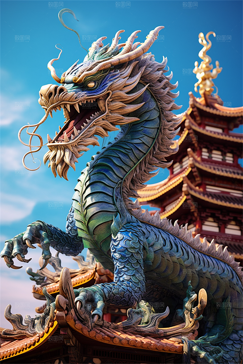 飞龙在天盘旋在中国式古建筑之上场景