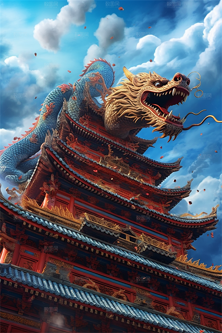 飞龙在天盘旋在中国式古建筑之上场景