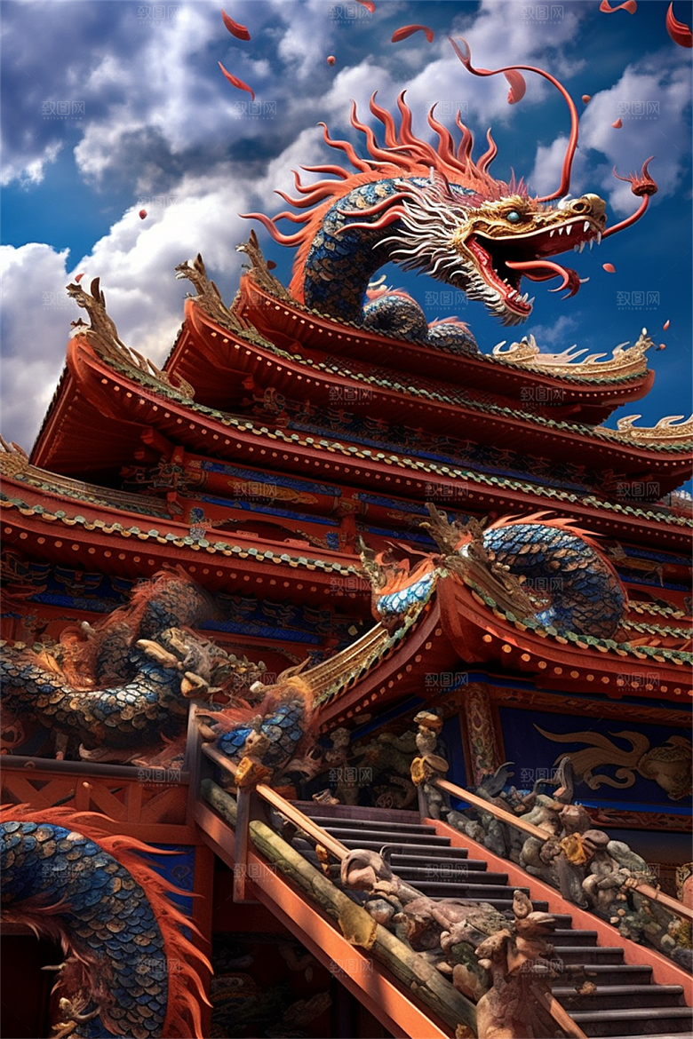 飞龙在天盘旋在中国式古建筑之上场景