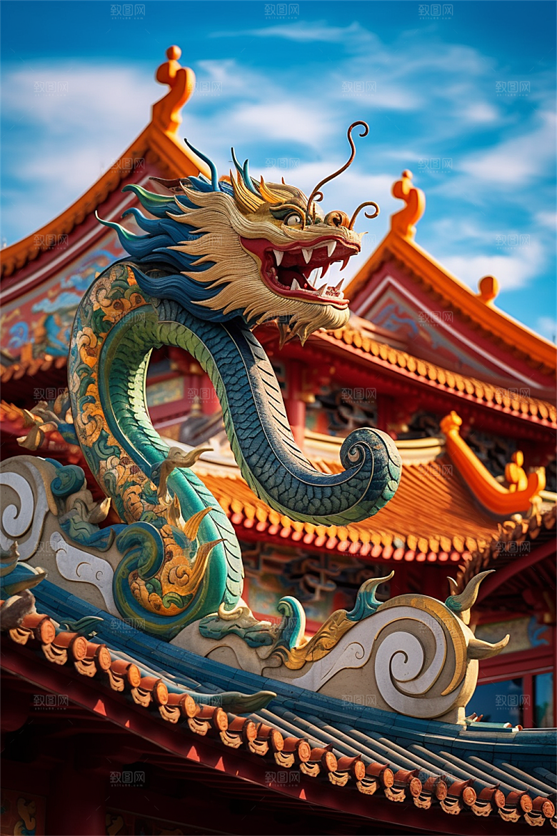 飞龙在天盘旋在中国式古建筑之上场景
