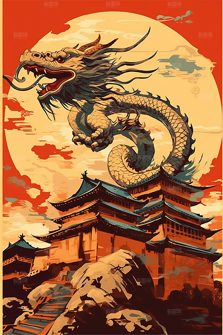 飞龙在天盘旋在中国式古建筑之上场景