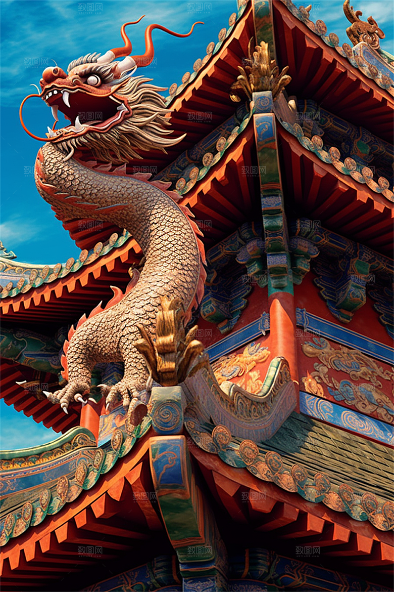 飞龙在天盘旋在中国式古建筑之上场景
