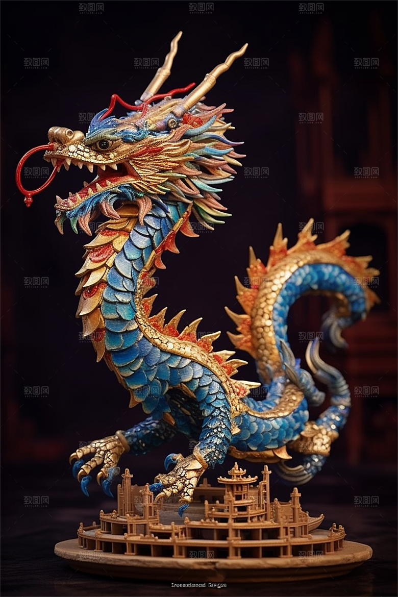 飞龙在天盘旋在中国式古建筑之上场景
