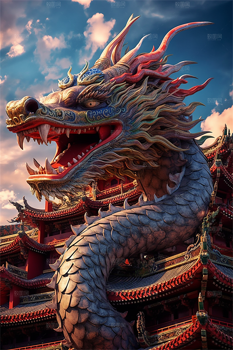 飞龙在天盘旋在中国式古建筑之上场景