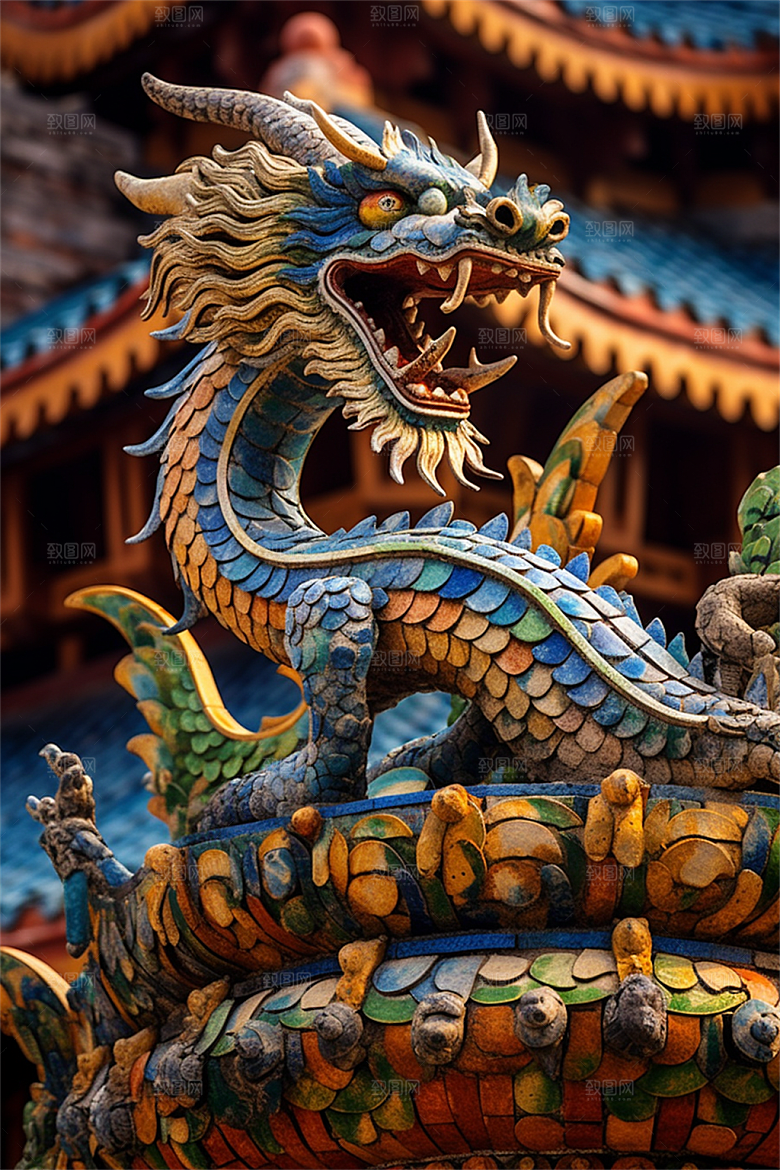飞龙在天盘旋在中国式古建筑之上场景