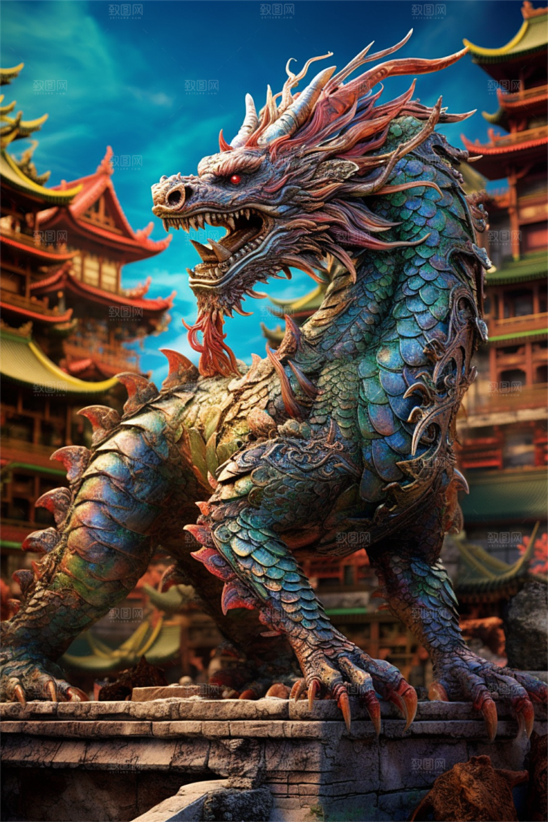 飞龙在天盘旋在中国式古建筑之上场景