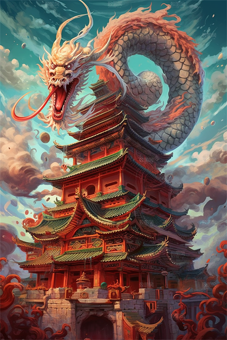 飞龙在天盘旋在中国式古建筑之上场景