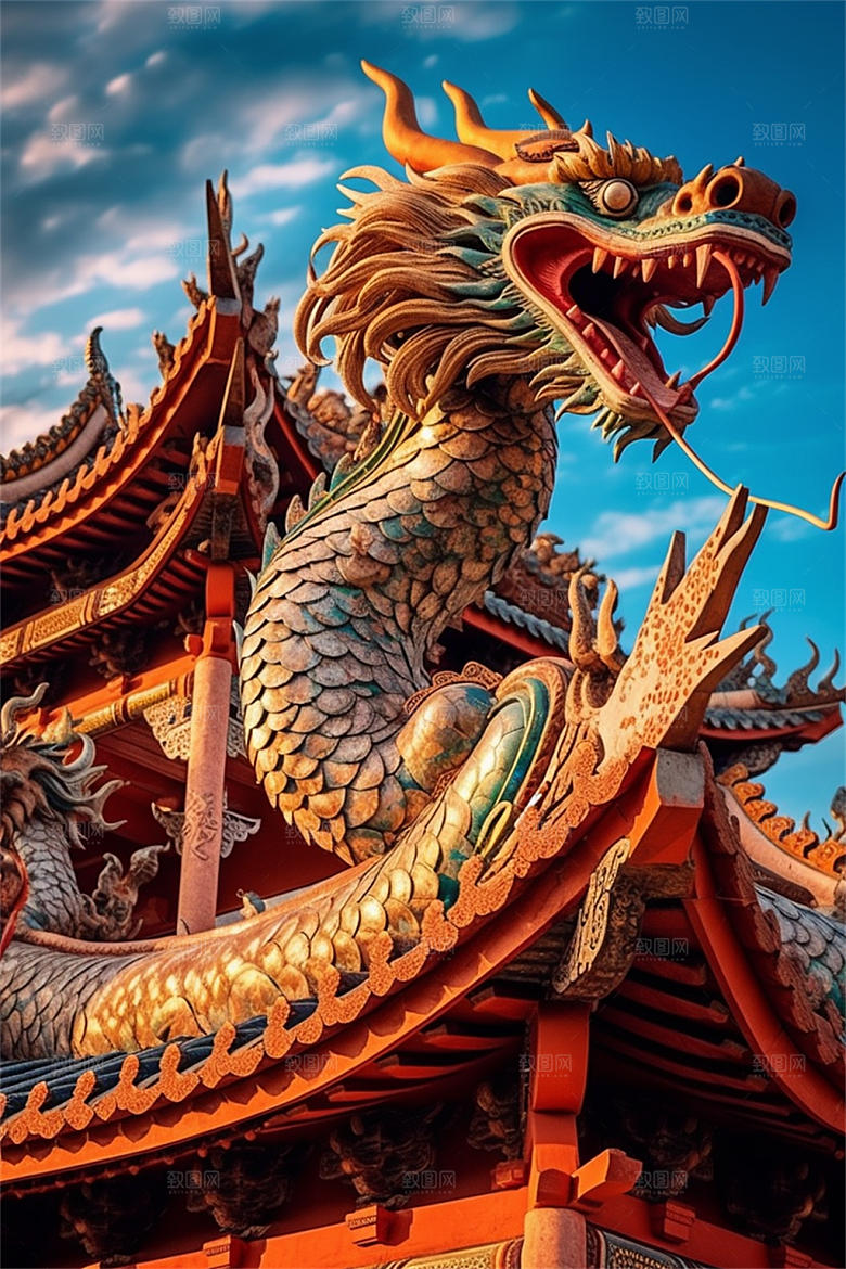 飞龙在天盘旋在中国式古建筑之上场景