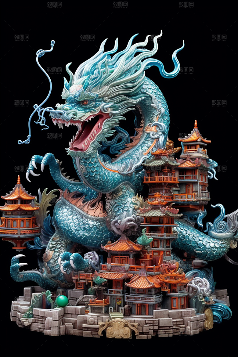 飞龙在天盘旋在中国式古建筑之上场景