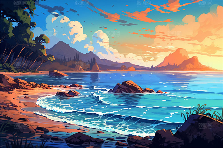 明亮风格风景场面壮观景色迷人插画