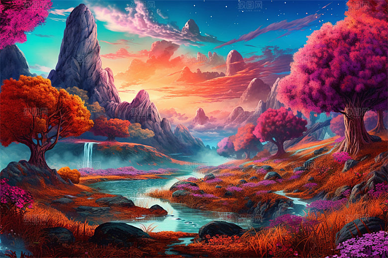 明亮风格风景场面壮观景色迷人插画