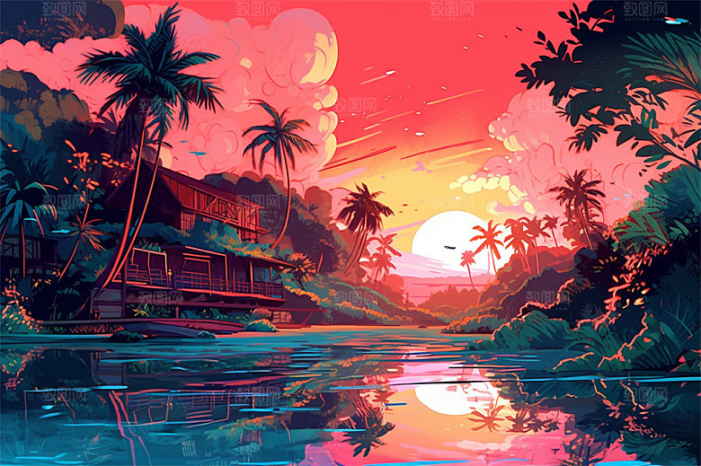 明亮风格风景场面壮观景色迷人插画