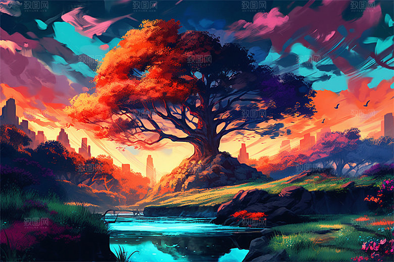 明亮风格风景场面壮观景色迷人插画