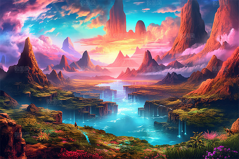 明亮风格风景场面壮观景色迷人插画