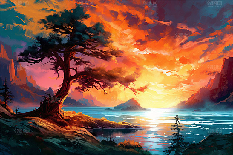 明亮风格风景场面壮观景色迷人插画
