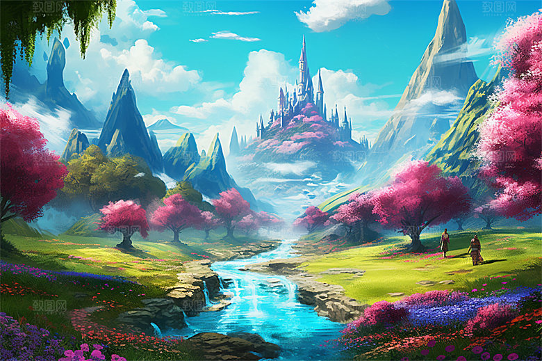 明亮风格风景场面壮观景色迷人插画