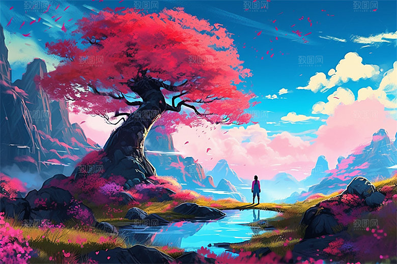 明亮风格风景场面壮观景色迷人插画