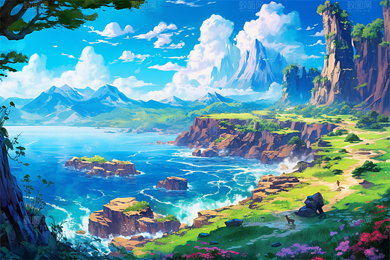 明亮风格风景场面壮观景色迷人插画